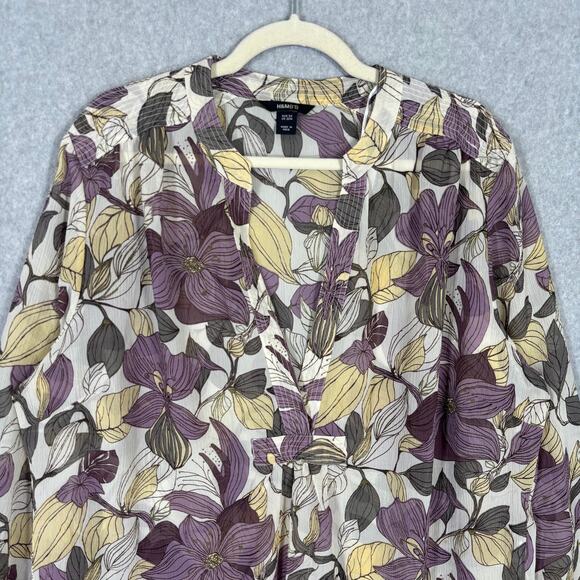 H&M Blouse Womens 22 Purple Yellow Floral Popover Crinkle Textured Career Church - Picture 2 of 12